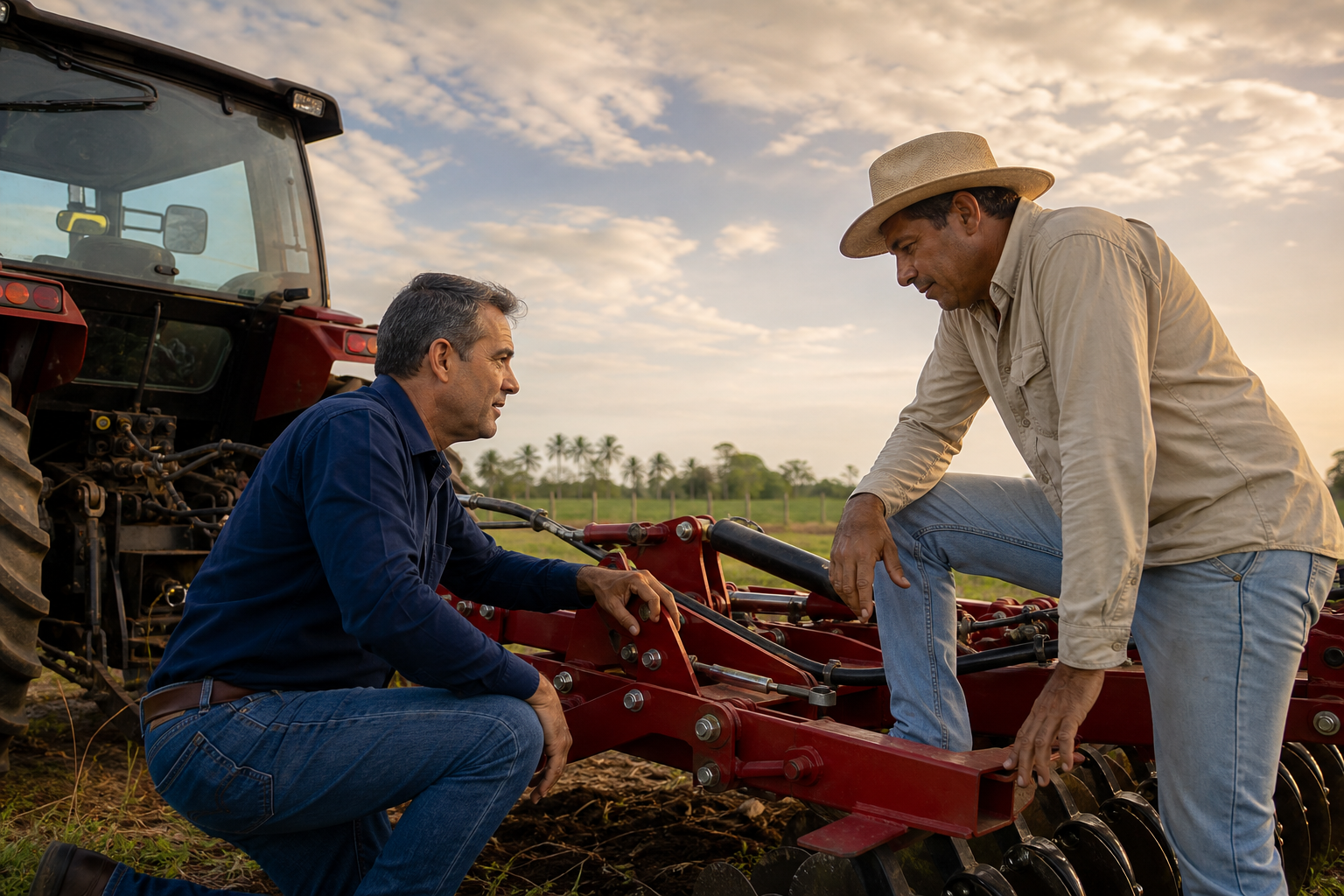Especialista e produtor analisam um implemento agrícola no campo
