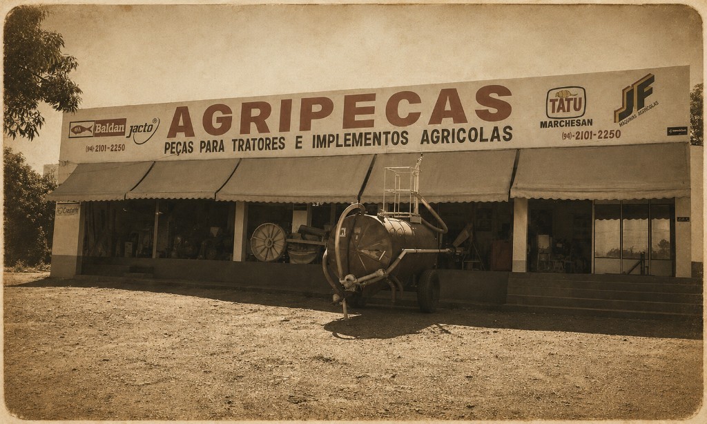 Fachada histórica da Agripeças com parceiros Baldan, Jacto, Tatu Marchesan e JF